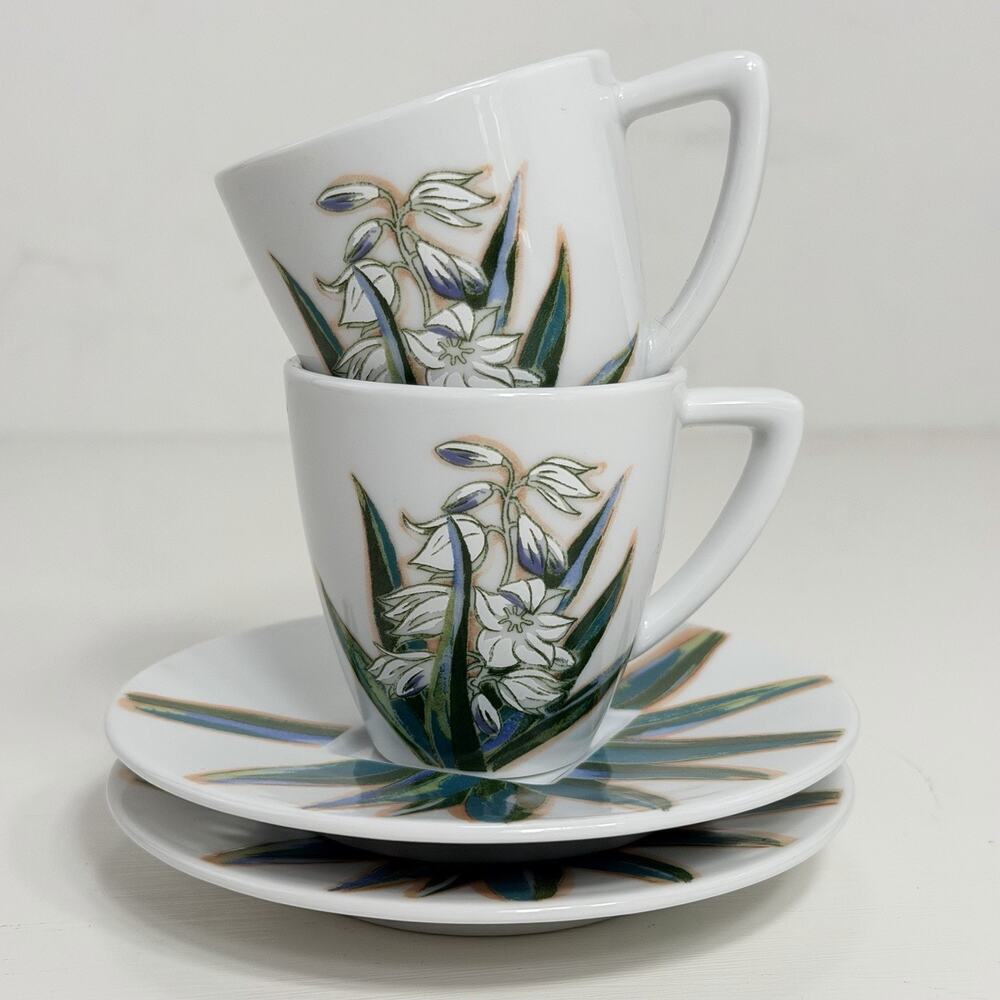 Nespresso Floral Palm Set of Two Espresso Cups w Saucers Green Blue Germany EUC